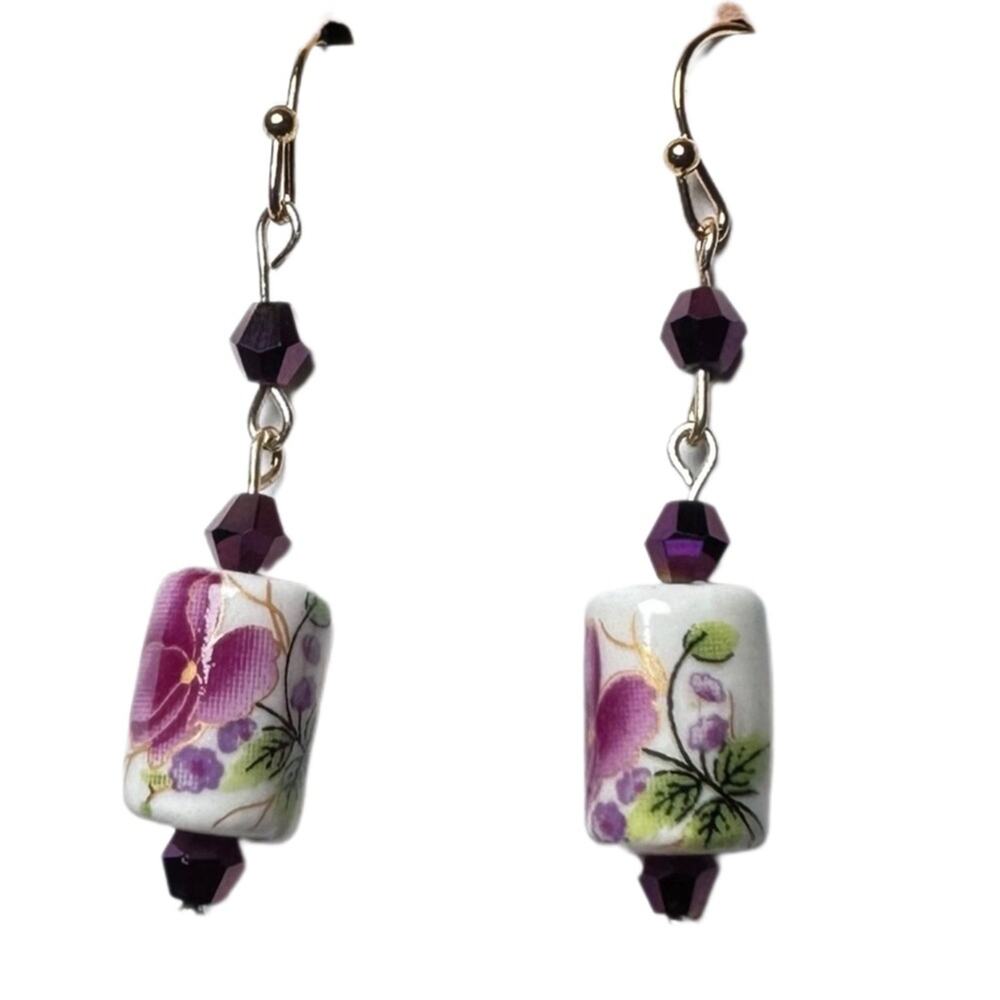 Purple flower earrings handmade ceramic bead